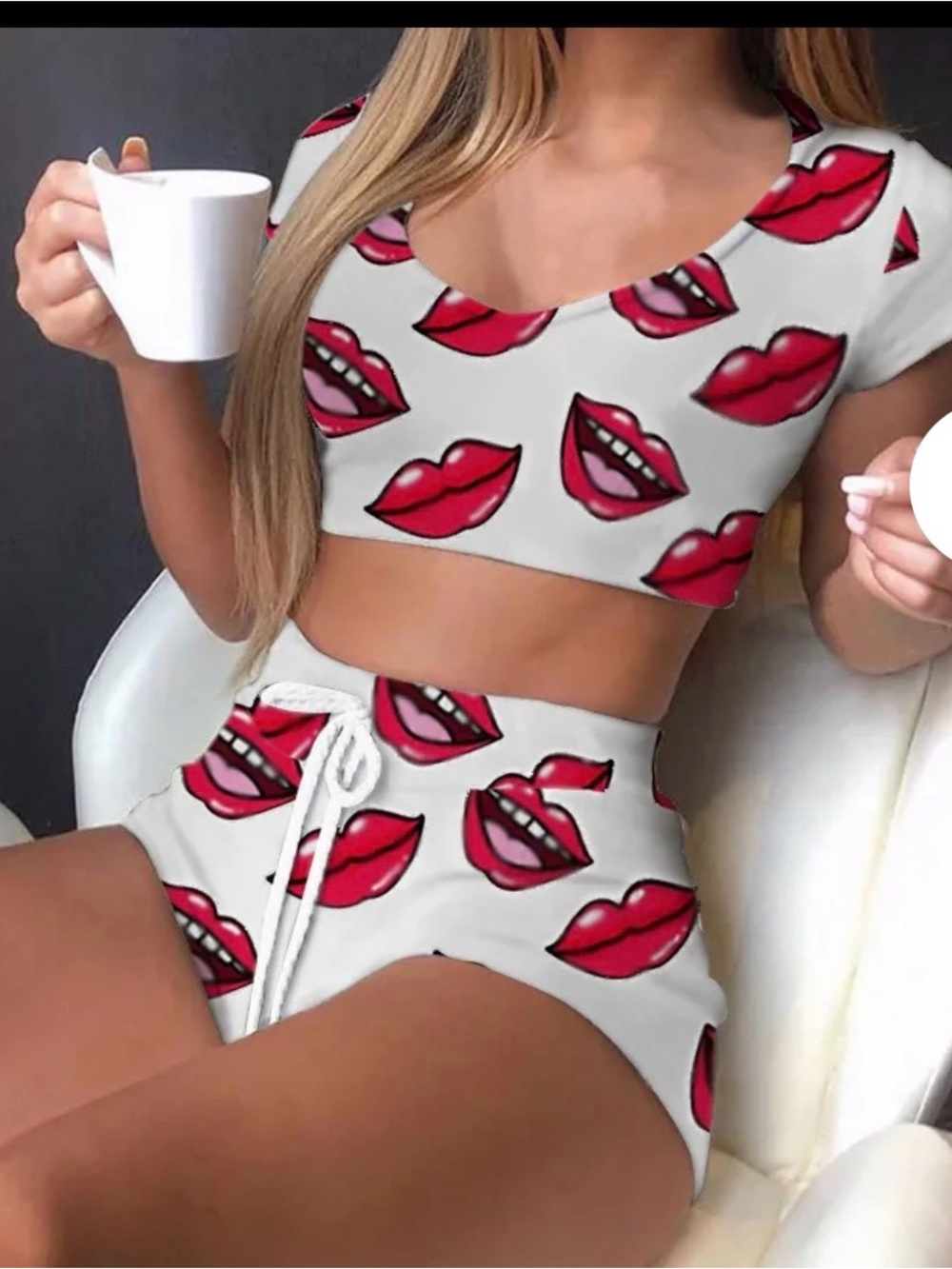 Women's Lip Print Short Pajama Set - White with Red Lips - Picture 3 of 3